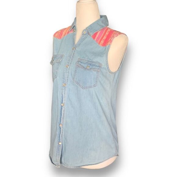Mudd Shirt Western Style Chambray Denim Pearl Snap Sleeveless Southwestern - Picture 5 of 8